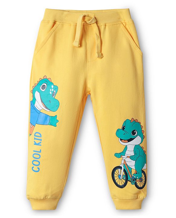 Babyhug Cotton Terry Knit Full Length Lounge Pants With Crocodile Print - Yellow