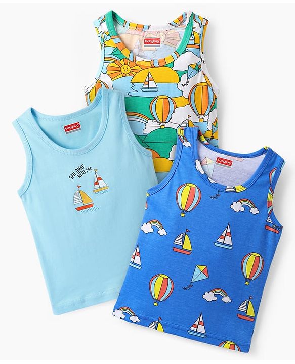 Babyhug 100% Cotton Knit Sleeveless Air Balloon & Boat Printed Sando Vests Pack of 3 - Multicolor