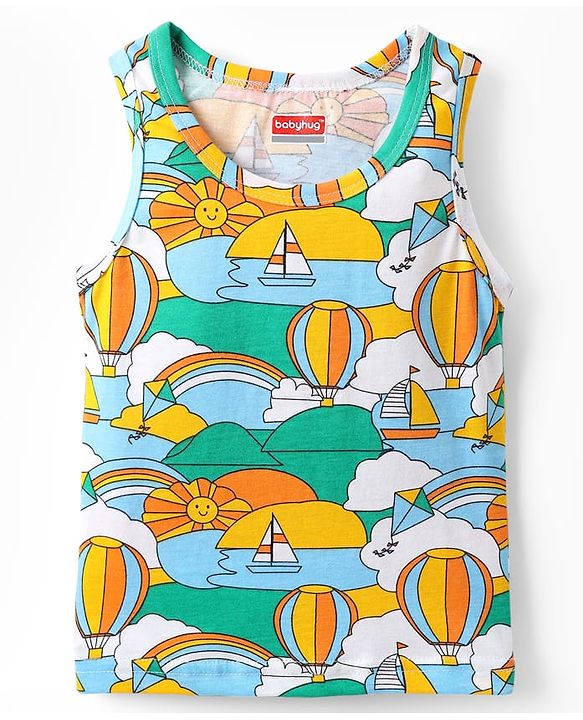 Babyhug 100% Cotton Knit Sleeveless Air Balloon & Boat Printed Sando Vests Pack of 3 - Multicolor
