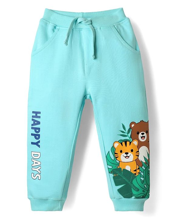 Babyhug Cotton Terry Knit Full Length Lounge Pant With Animal Print - Aqua Blue