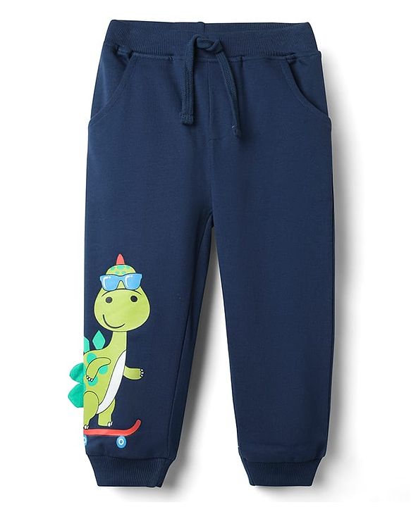 Babyhug Cotton Terry Knit Full Length Lounge Pant With Dino Print - Navy Blue