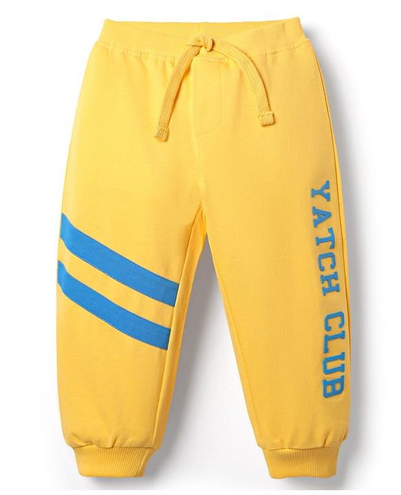Babyhug Cotton Terry Knit Full Length Lounge Pants With Text Print - Yellow