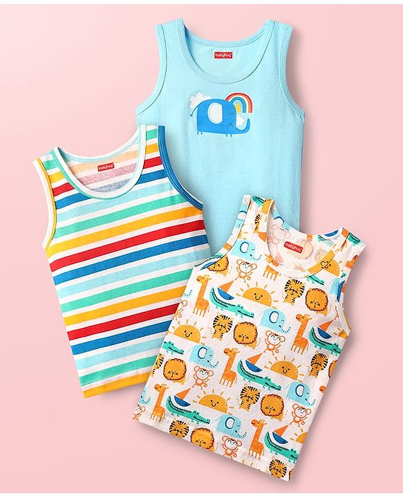 Babyhug 100% Cotton Single Jersey Knit Sleeveless Sando Pack of 3 - Light Blue & White