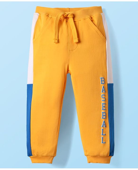 Babyhug Cotton Terry Knit Full Length Lounge Pants With Text Print - Yellow