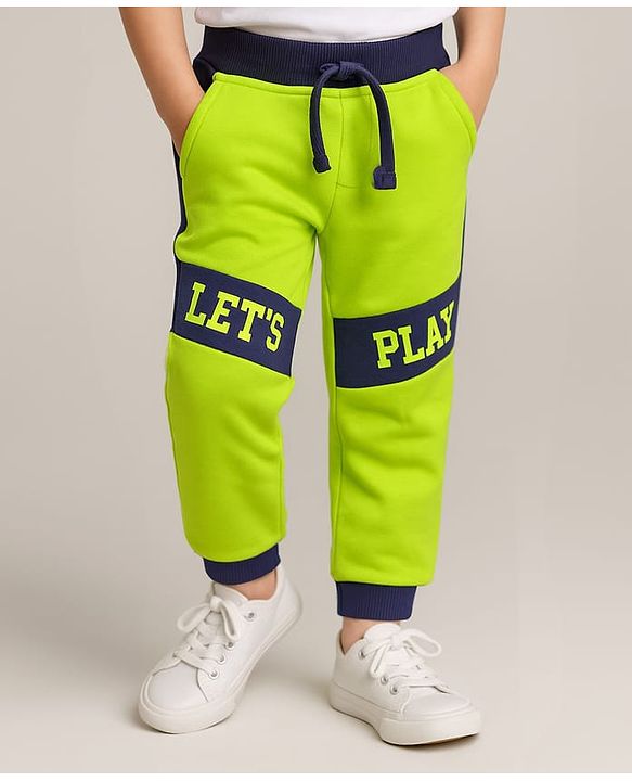 Babyhug Cotton Terry Knit Full Length Lounge Pant With Let's Play Print - Neon Green & Navy Blue