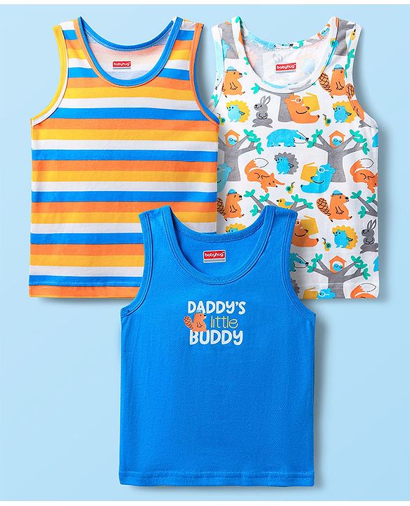 Babyhug 100% Knit Sleeveless Striped & Animal Printed Sando Vests Pack of 3 - Blue White & Yellow
