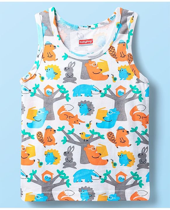 Babyhug 100% Knit Sleeveless Striped & Animal Printed Sando Vests Pack of 3 - Blue White & Yellow
