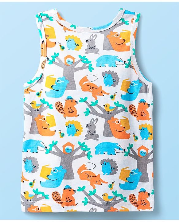 Babyhug 100% Knit Sleeveless Striped & Animal Printed Sando Vests Pack of 3 - Blue White & Yellow
