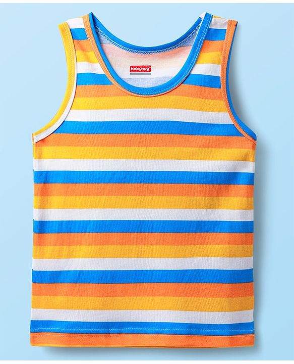 Babyhug 100% Knit Sleeveless Striped & Animal Printed Sando Vests Pack of 3 - Blue White & Yellow