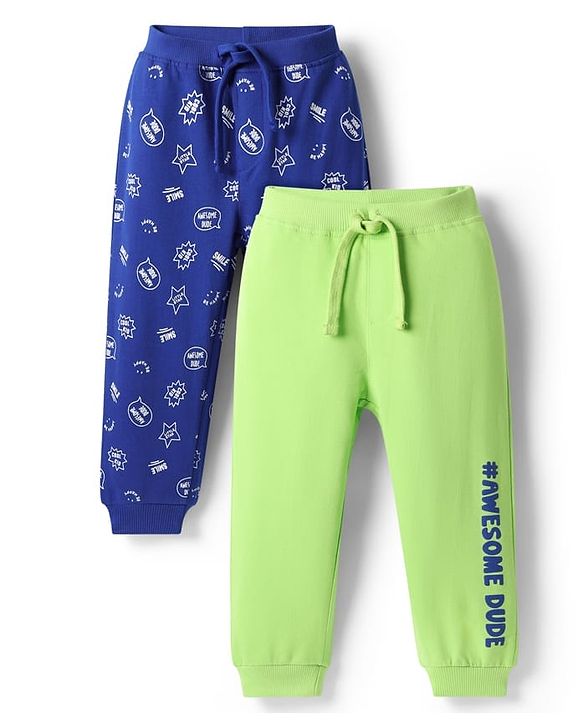 Babyhug Cotton Terry Knit Full Length Lounge Pants With Wholesome Dude Text Print Pack of 2 - Navy Blue & Light Green