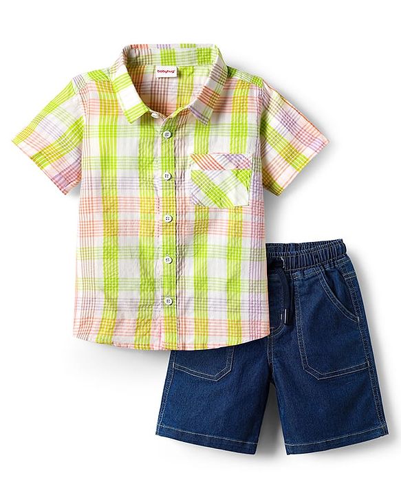 Babyhug Cotton Woven Half Sleeves Checks Shirt & Denim Shorts Set - Navy Blue