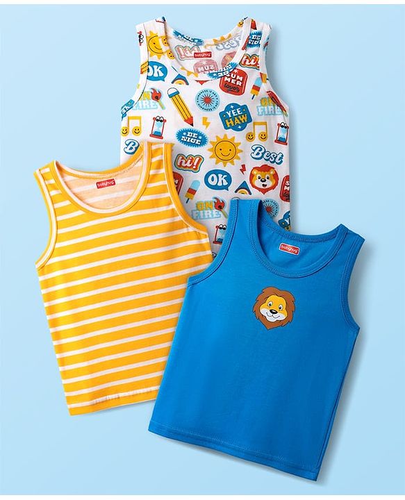 Babyhug 100% Cotton Single Jersey Knit Sleeveless Vest with Animal Print & Stripe Design Pack of 3 - Yellow Blue & White