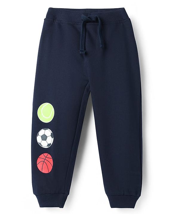 Babyhug Cotton Terry Knit Full Length Lounge Pant With Balls Print - Navy Blue