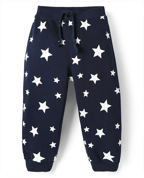 Babyhug Cotton Terry Knit Full Length Lounge Pant with Star Print - Navy Blue