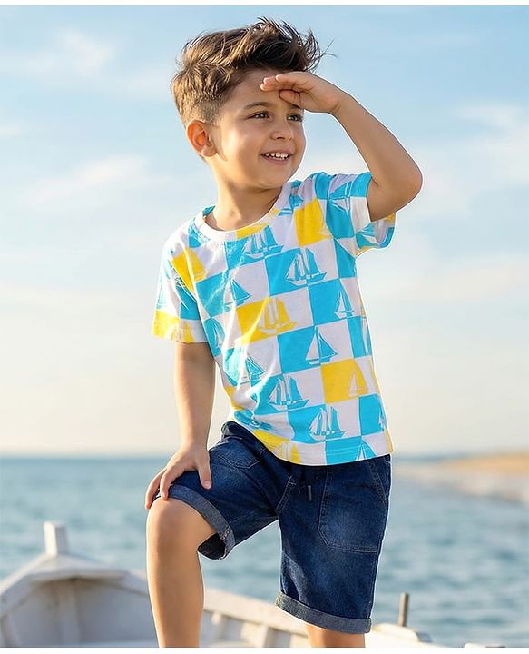 Babyhug Single Jersey Knit Half Sleeves Checks T-Shirt & Denim Shorts Set With Boat Print - Multicolor