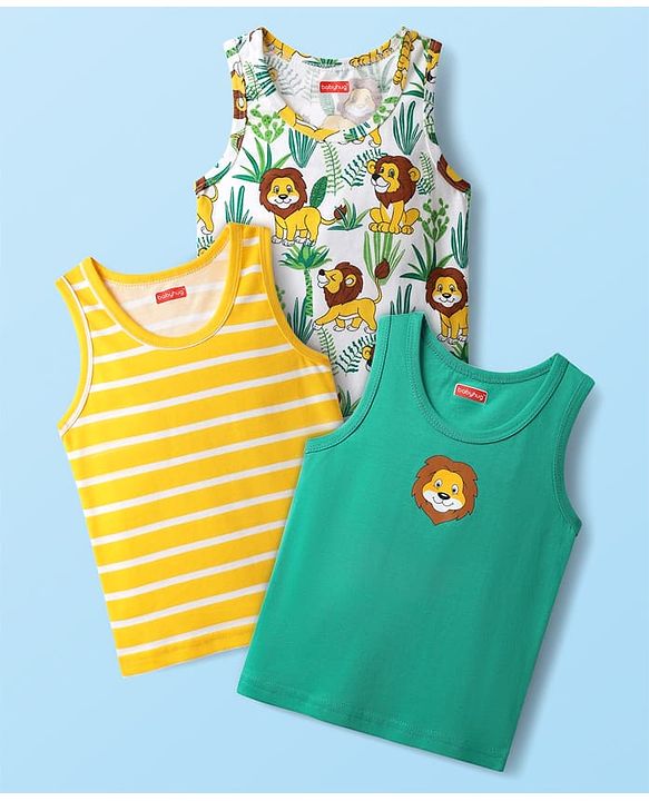 Babyhug 100% Cotton Single Jersey Knit Sleeveless Vest with Animal Print & Stripe Design Pack of 3 - Yellow Green & White