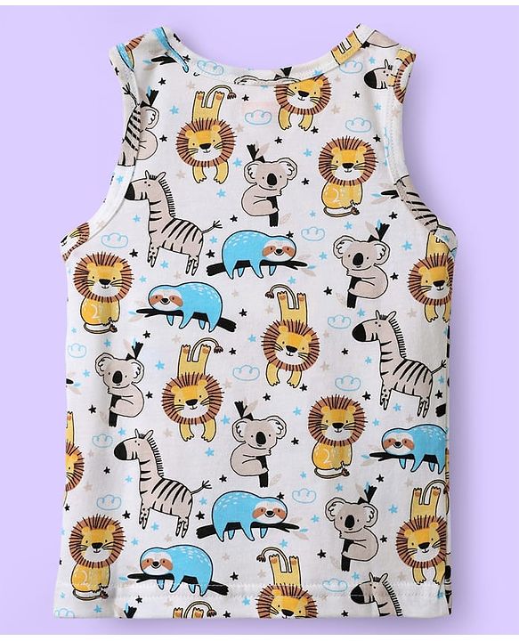 Babyhug 100% Cotton Sleeveless Vests With Stripes & Animal Print Pack Of 3 - Light Blue White & Yellow