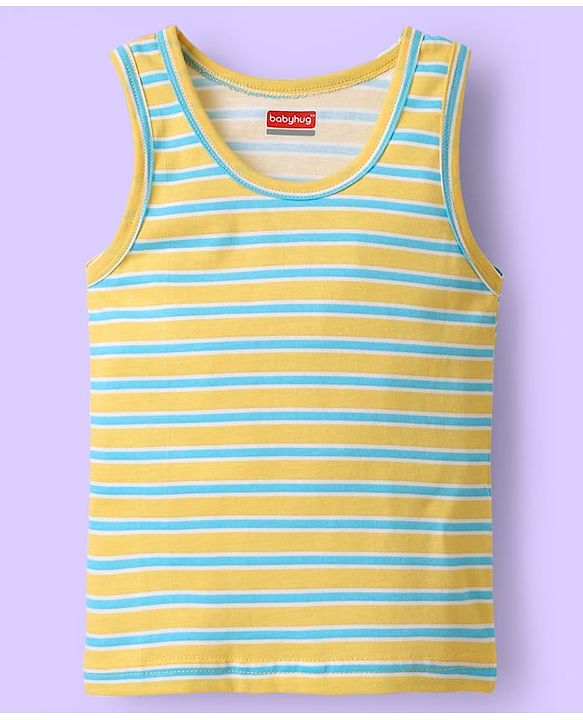 Babyhug 100% Cotton Sleeveless Vests With Stripes & Animal Print Pack Of 3 - Light Blue White & Yellow