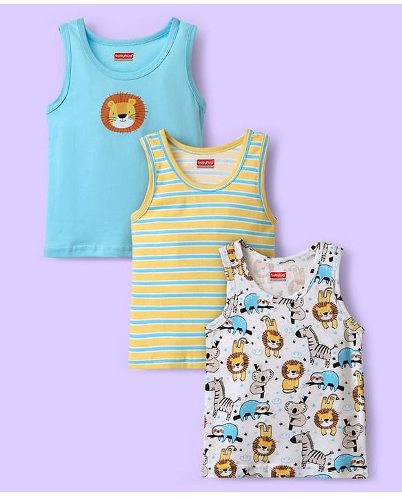 Babyhug 100% Cotton Sleeveless Vests With Stripes & Animal Print Pack Of 3 - Light Blue White & Yellow