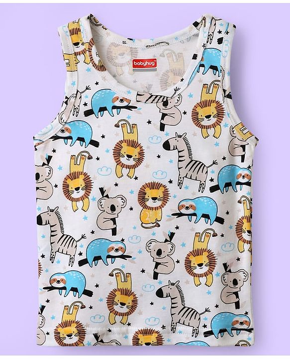 Babyhug 100% Cotton Sleeveless Vests With Stripes & Animal Print Pack Of 3 - Light Blue White & Yellow
