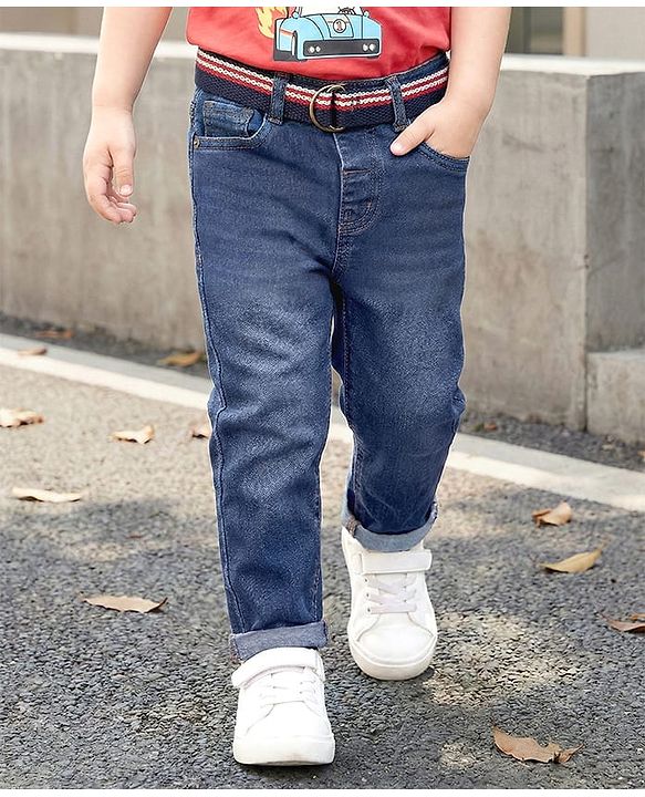 Babyhug Denim Full Length Washed Jeans With Stretch & Belt - Navy Blue
