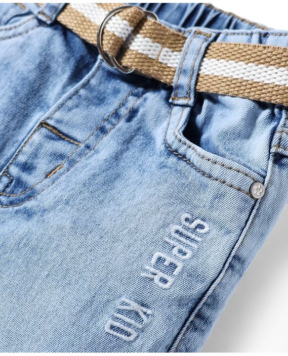 Babyhug Denim Full Length Washed Jeans With Stretch & Belt - Blue