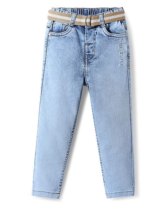 Babyhug Denim Full Length Washed Jeans With Stretch & Belt - Blue