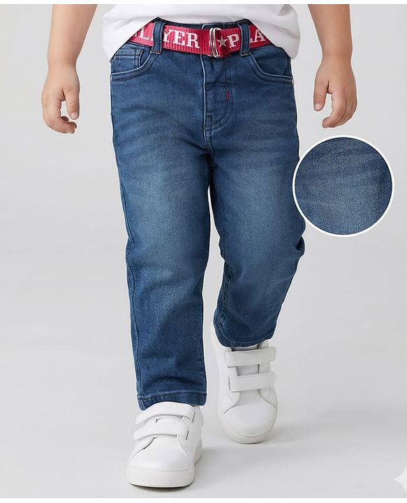 Babyhug Denim Full Length Washed Jeans With Stretch & Belt - Blue