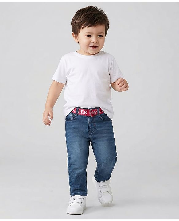 Babyhug Denim Full Length Washed Jeans With Stretch & Belt - Blue
