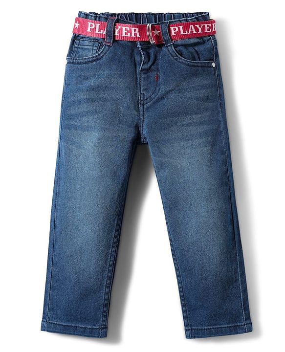 Babyhug Denim Full Length Washed Jeans With Stretch & Belt - Blue