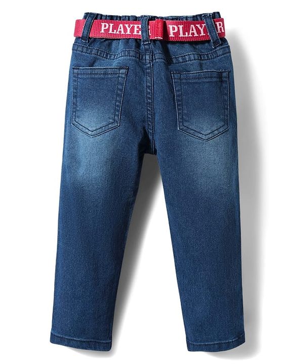 Babyhug Denim Full Length Washed Jeans With Stretch & Belt - Blue