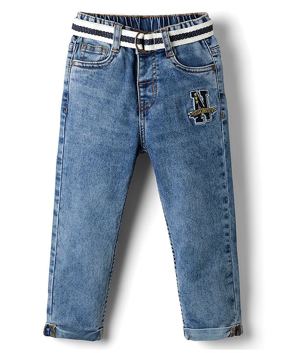 Babyhug Denim Full Length Washed Jeans With Stretch & Embriodery - Blue