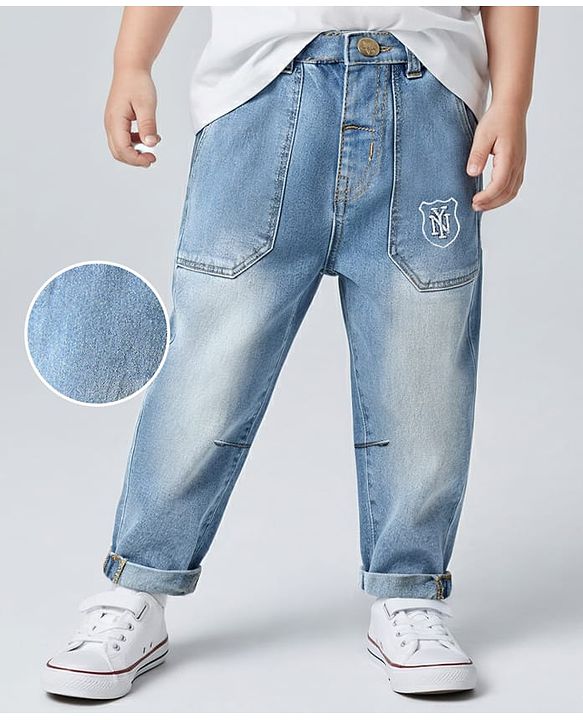 Babyhug Full Length Solid Denim Jeans With Stretch & NY Embroidery - Blue