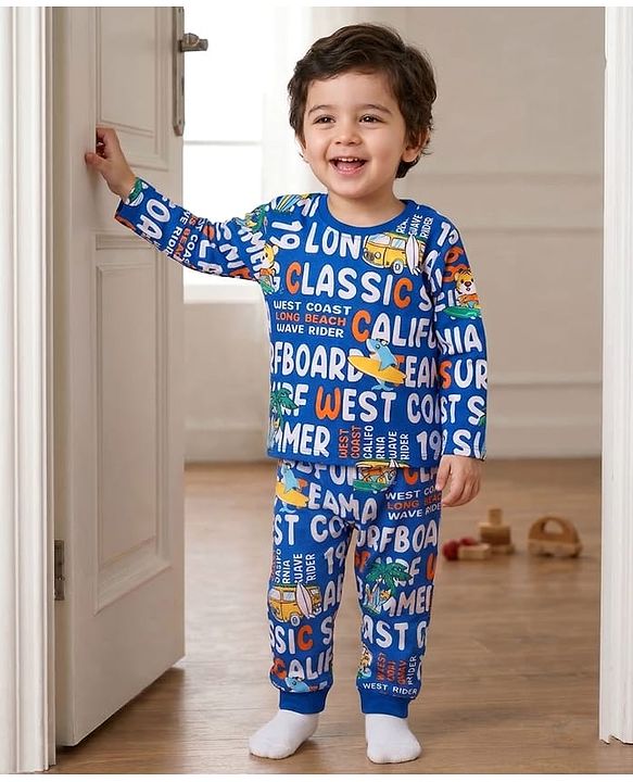 Babyhug Cotton Knit Full Sleeves Co-ords Night Suit with Text Print - Blue