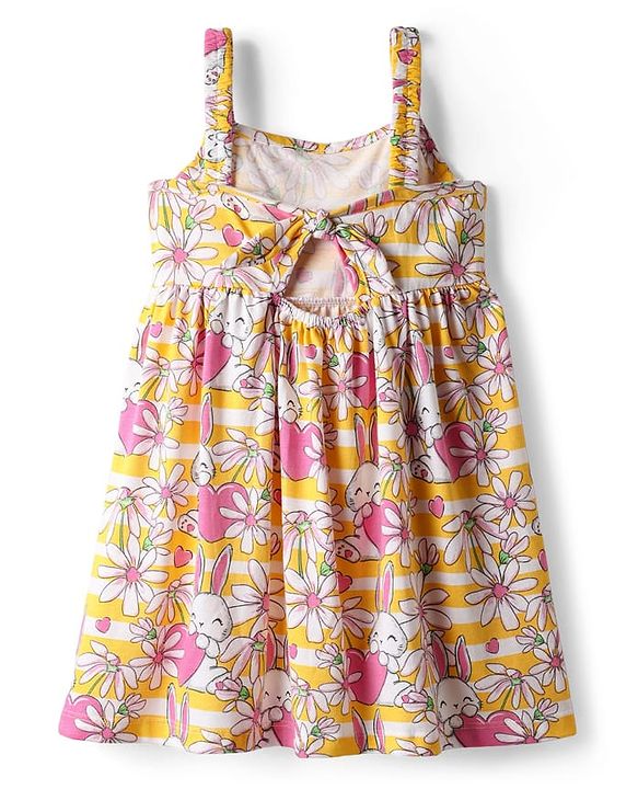 Babyhug 100% Cotton Shoulder Strap Floral & Bunny Printed Frock - Multicolour