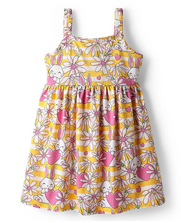 Babyhug 100% Cotton Shoulder Strap Floral & Bunny Printed Frock - Multicolour