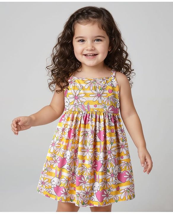 Babyhug 100% Cotton Shoulder Strap Floral & Bunny Printed Frock - Multicolour