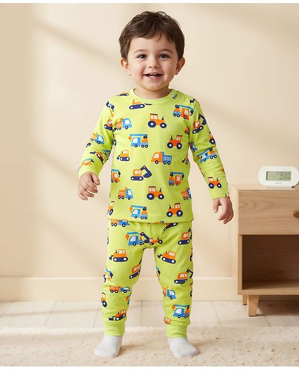 Babyhug Cotton Knit Full Sleeves Co-ords Night Suit with Vehicle Print - Light Green