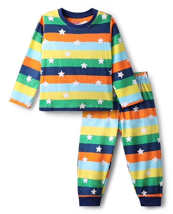 Babyhug Cotton Knit Full Sleeves Stripes & Star Printed Co-Ords Night Suit - Multi Colour