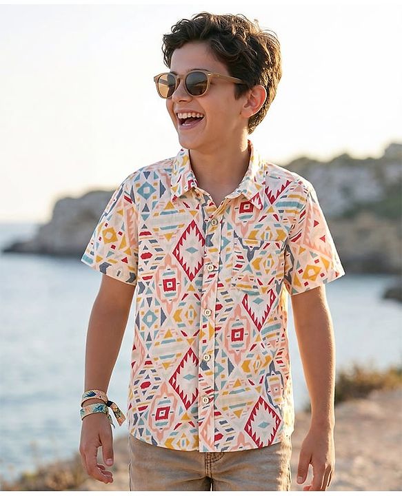 Pine Kids Viscose Woven Half Sleeves Abstract Printed Shirt - White