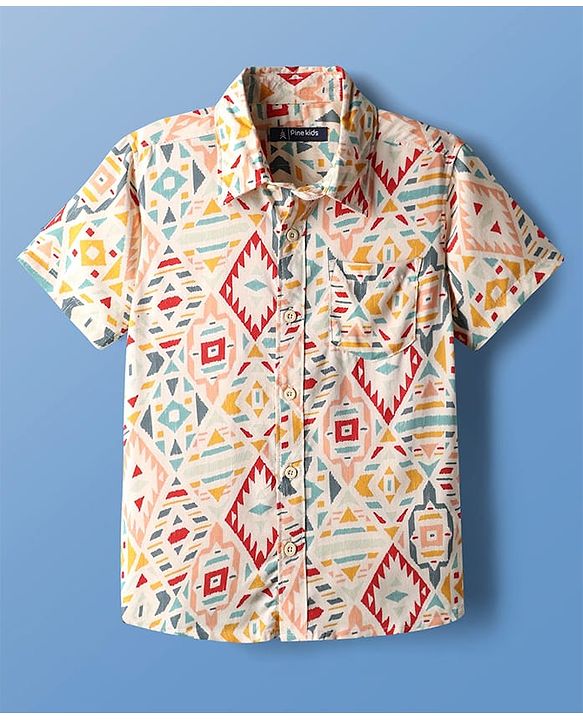 Pine Kids Viscose Woven Half Sleeves Abstract Printed Shirt - White