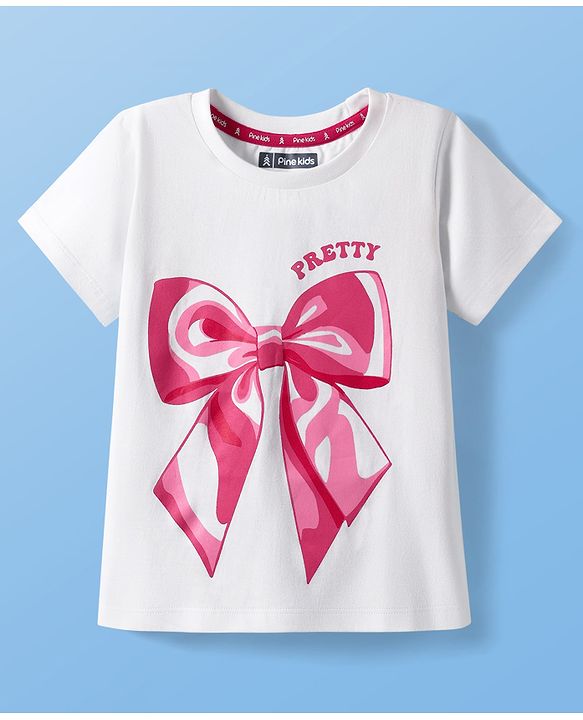 Pine Kids Cotton Knit Half Sleeves T-Shirt with Bow & Pretty Text Print - White