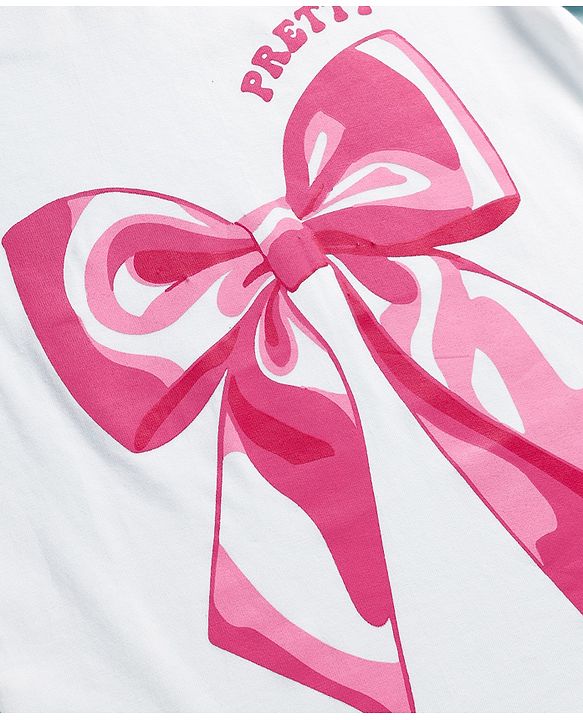 Pine Kids Cotton Knit Half Sleeves T-Shirt with Bow & Pretty Text Print - White
