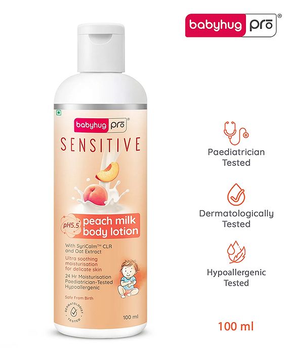 Babyhug Pro Sensitive pH 5.5 Peach Milk Lotion - 100 ml | 24 Hr Moisturisation | Skin Deep Hydration | Light Weight | Paediatrician & Dermatologist Tested | Safe Hypoallergenic Formula | 0+ m