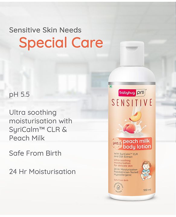 Babyhug Pro Sensitive pH 5.5 Peach Milk Lotion - 100 ml | 24 Hr Moisturisation | Skin Deep Hydration | Light Weight | Paediatrician & Dermatologist Tested | Safe Hypoallergenic Formula | 0+ m
