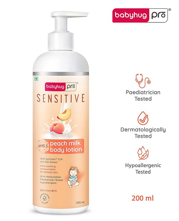 Babyhug Pro Sensitive pH 5.5 Peach Milk Lotion - 100 ml | 24 Hr Moisturisation | Skin Deep Hydration | Light Weight | Paediatrician & Dermatologist Tested | Safe Hypoallergenic Formula | 0+ m