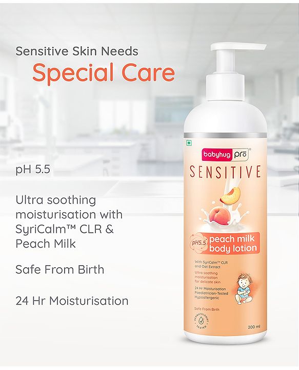 Babyhug Pro Sensitive pH 5.5 Peach Milk Lotion - 100 ml | 24 Hr Moisturisation | Skin Deep Hydration | Light Weight | Paediatrician & Dermatologist Tested | Safe Hypoallergenic Formula | 0+ m