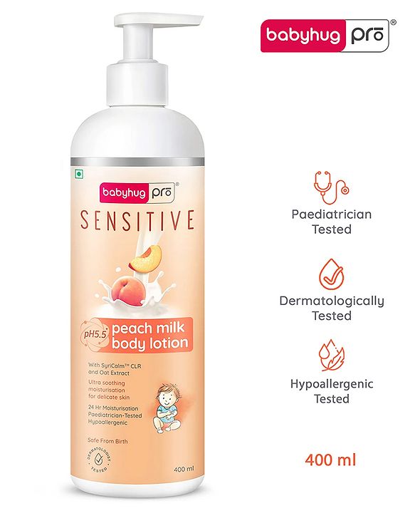 Babyhug Pro Sensitive pH 5.5 Peach Milk Lotion - 100 ml | 24 Hr Moisturisation | Skin Deep Hydration | Light Weight | Paediatrician & Dermatologist Tested | Safe Hypoallergenic Formula | 0+ m