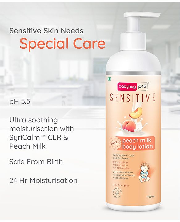 Babyhug Pro Sensitive pH 5.5 Peach Milk Lotion - 100 ml | 24 Hr Moisturisation | Skin Deep Hydration | Light Weight | Paediatrician & Dermatologist Tested | Safe Hypoallergenic Formula | 0+ m