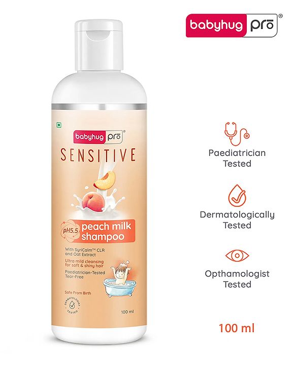 Babyhug Pro Sensitive pH 5.5 Peach Milk Shampoo - 100 ml | No Tears | Mild Cleansing | Soft & Shiny Hair | Easy Rinse Off | Safe Hypoallergenic Formula | Paediatrician & Dermatologist Tested | 0+ m